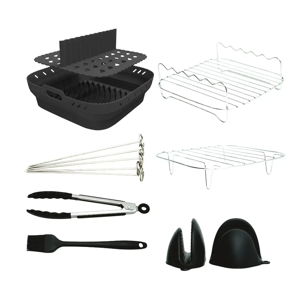 Air Fryer Accessories 8 pcs Set - Square Airfryer Silicone Liners, Rack, Skewer, Tongs & Oven Mitts for 10 Inch Fryers, Easy use with Cosori & Ninja- by HappiNest