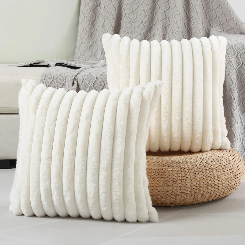 HappiNest Faux Rabbit Fur Square Cushion Cover Big Thick Striped Super Soft Solid Color Pillow Cover 45x45cm Sofa Decor Cushion Cover