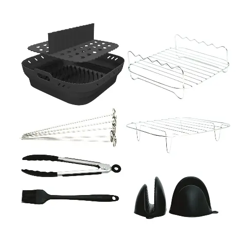 Air Fryer Accessories 8 pcs Set - Square Airfryer Silicone Liners, Rack, Skewer, Tongs & Oven Mitts for 10 Inch Fryers, Easy use with Cosori & Ninja- by HappiNest