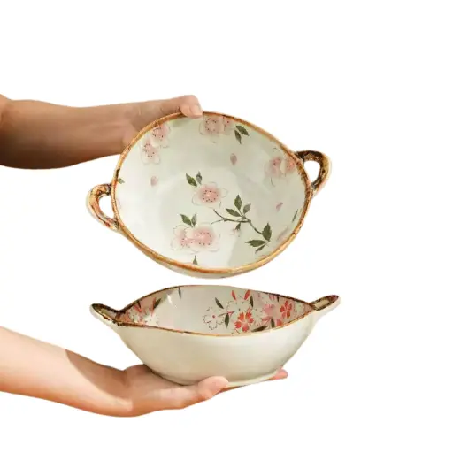 HappiNest Japanese Household Noodle Bowl 7.5inch Ceramic Soup Bowl With Handle Salad Pasta Bowl Kitchen Tableware Microwave Oven Bakware