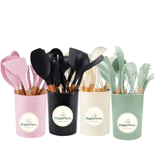HappiNest 12PCS Silicone Kitchenware Non-Stick Cookware Kitchen Utensils Set Spatula Shovel Egg Beaters Wooden Handle Cooking Tool Set