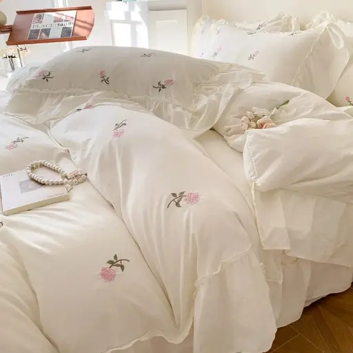 HappiNest 3pcs Rose Embroidered Duvet Cover Set (1*Duvet Cover + 2*Pillowcase, Without Core), Princess Style Lace Bedding Set 