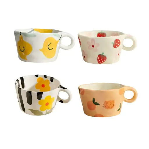 HappiNest Ins Cute Hand Pinched Ceramic Mugs Hand Painted Strawberry Flower Espresso Coffee Cups Breakfast milk cup Gift For Kids Girls 